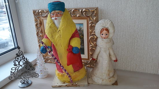 Дед Мороз и Снегурочка вата папье маше 45 см и 36 см елочные украшения под елку СССР ретро