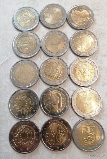 15 РАЗНЫХ ОТЛИЧНЫХ  юбилейных монет 2 евро одним лотом.  UNC.