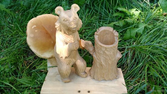 Мишка с пеньком - сувенир СССР, дерево. подставка для карандашей