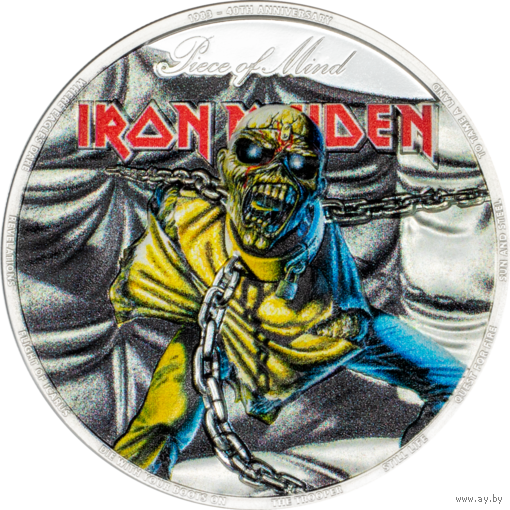 RARE Острова Кука 10 долларов 2023г. "Iron Maiden – Piece of Mind (Частица Разума)". Монета в капсуле; подарочной рамке - футрляре; сертификат; коробка. СЕРЕБРО 62,20гр.(2 oz).