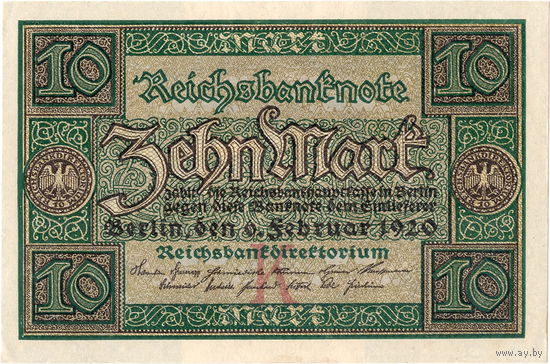 Германия, 10 марок, 1920 г. аUNC