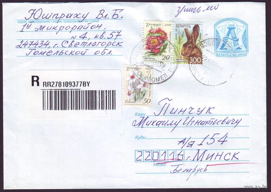 Беларусь 2009 год Конверт 162Х114мм, прошедший почту, со стандартными марками