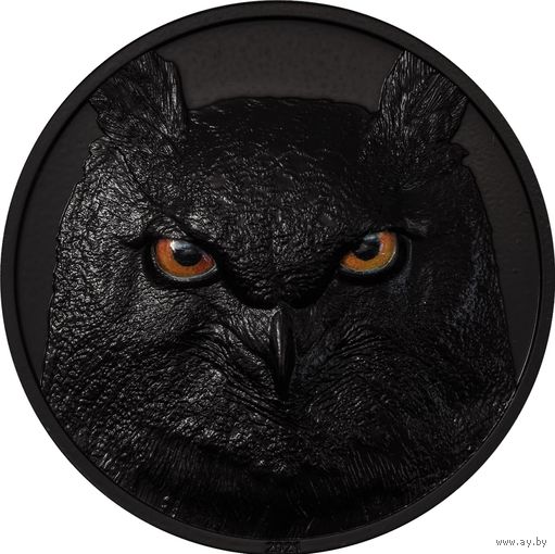 RARE Палау 10 долларов 2021г. "Охотники ночью - Филин". Obsidian Black. Монета в капсуле; подарочной рамке - футляре; сертификат; коробка. СЕРЕБРО 62,20гр.(2 oz).