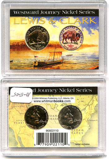 США 2005 набор 5 центов 2шт в футляре ЦВЕТНОЙ ПОЗОЛОТА экспедиция Льюис и Кларк