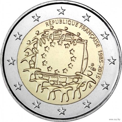 2 евро 2015 Франция 30 лет флагу UNC из ролла