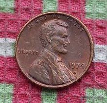 США 1 цент 1974 года S, AU. Авраам Линкольн.