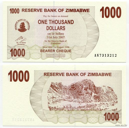 Зимбабве. 1000 долларов (образца 2006 года, P44, UNC)