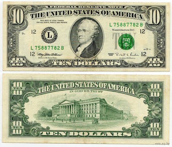 США. 10 долларов (образца 1995 года, L, Калифорния, P499)