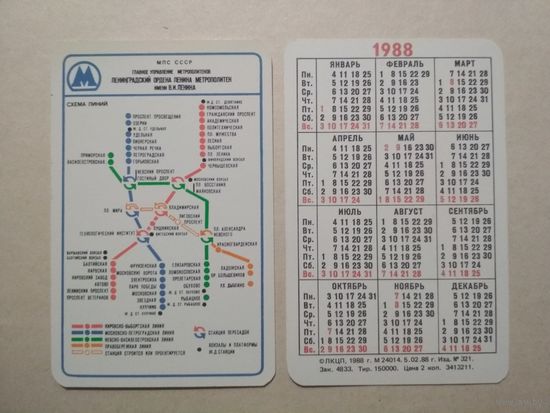 Карманный календарик. Ленинград. Схема линии метро. 1988 год