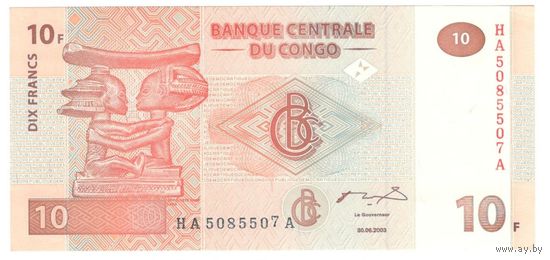 Конго 10 франков 2003 г. UNC