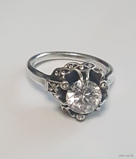 Кольцо, перстень ретро, сияющий кристалл, мельхиор, размер 18