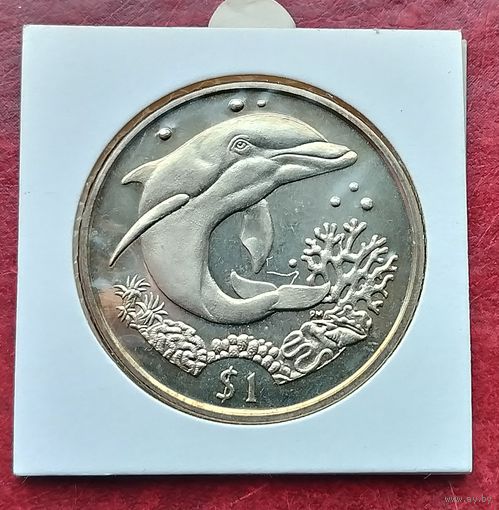 Британские Виргинские острова 1 доллар, 2004 Дельфин. Монета в холдере!