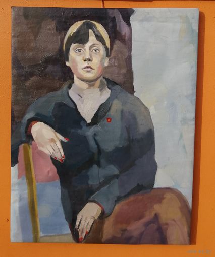Картина "Комсомолка с маникюром"  СССР, соцреализм. Холст на подрамнике, масло.
