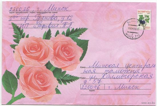 2005. Конверт, прошедший почту "Розы" (размер 198x134 мм)