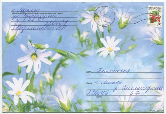 2005. Конверт, прошедший почту "Цветы" (размер 198x134 мм)