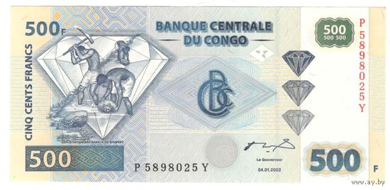 Конго 500 франков 2002 г. 1й выпуск, серия P (одна буква)