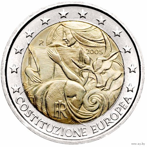 2 Евро Италия 2005 1-я годовщина подписания Европейской конституции UNC из ролла