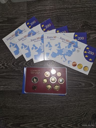 Германия 2006 год 5 наборов разных монетных дворов A D F G J. 1, 2, 5, 10, 20, 50 евроцентов, 1, 2 евро и 2 юбилейных евро. Официальный набор PROOF монет в упаковке.