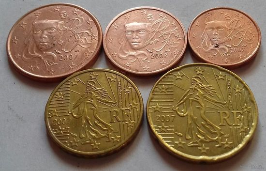 Набор евро монет Франция 2007 г. (1, 2, 5, 10, 20 евроцентов)
