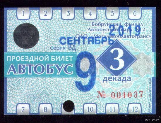 Проездной билет Бобруйск Автобус Сентябрь 3 декада 2019