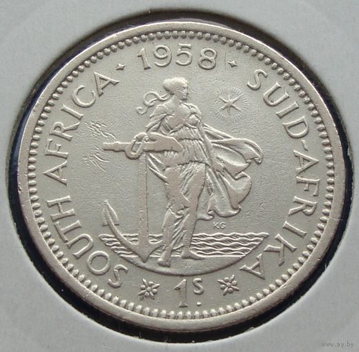 ЮАР. 1 шиллинг 1958 год  КМ#49  "Королева Елизавета II"  Тираж: 4.067.000 шт  "Монета в холдере"