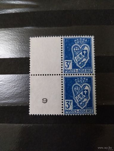 Французская колония Алжир квартблок с купонами и номером печатной платы без клея без дыр герб (5-2)