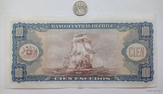 Werty71 Чили 100 эскудо 1962 - 1970 aUNC Корабль Мануэль Ренфиго - Флот Свободы банкнота 1960 - 1972 большой формат