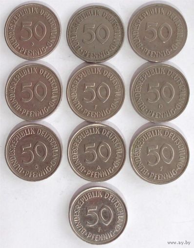 ФРГ 50 пфеннигов 1950 (2шт) 1970 1972 1981 1989 1990 (2шт) 1991 1993 Германия Десять монет одним лотом