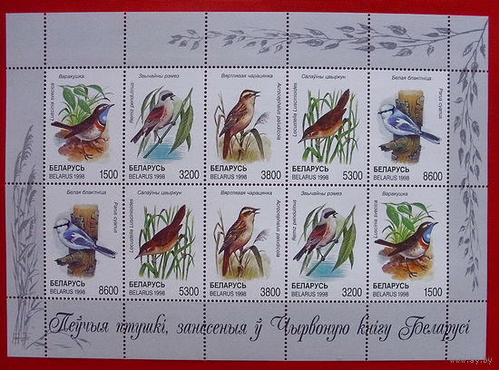 Беларусь. Певчие птицы. ( Малый лист ) 1998 года.