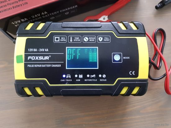 Foxsur импульсное зарядное 12-24 в. аккумуляторных батарей авто, agm, мото. Не путать с пусковым устройством. Функции - для больших батарей 12В max 8А, 24В max 4А, заряд agm и кальциевых батарей, для