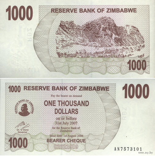 Зимбабве 1000 Долларов 2006 UNC П1-414