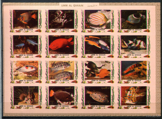 Умм-эль-Кайвайн - 1972г. - Тропические рыбки - полная серия, MNH со смятостью на клее [Mi 1306 B - 1321 B] - 16 марок - лист