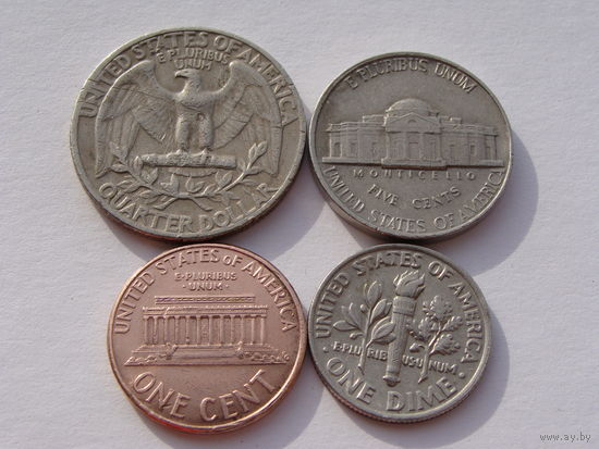 С.Ш.А. набор из 4 монет = 1 цент 5 центов 1 дайм  1/4 доллара  1993 - 2004 год