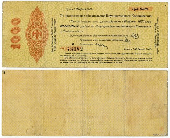 Россия (Омск). 1000 рублей (образца 01.02.1919 года, S844b, слово Конторахъ без переноса, F)