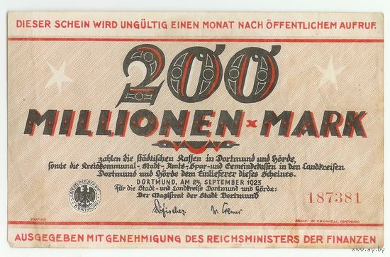 Германия (DORTMUND), 200 миллионов марок 1923 год.