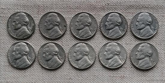 США 5 центов погодовка D 1970/1971/1972/1973/1974/1975/1976/1977/1978/1979 (10 монет)