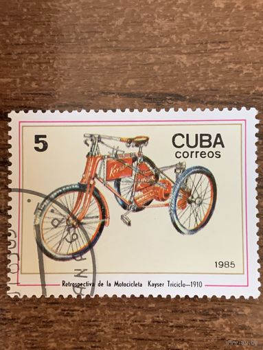 Куба 1985. История мотоцикла. Kaiser Triciclo 1910. Марка из серии