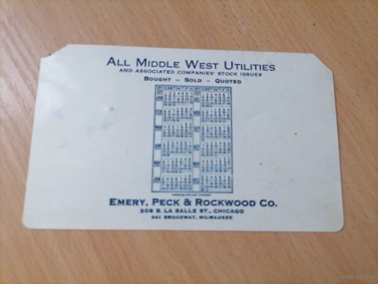Календарик продажи и покупки акций  MIDDLE USA emery,peck rockwood  за 30-годы 20 века