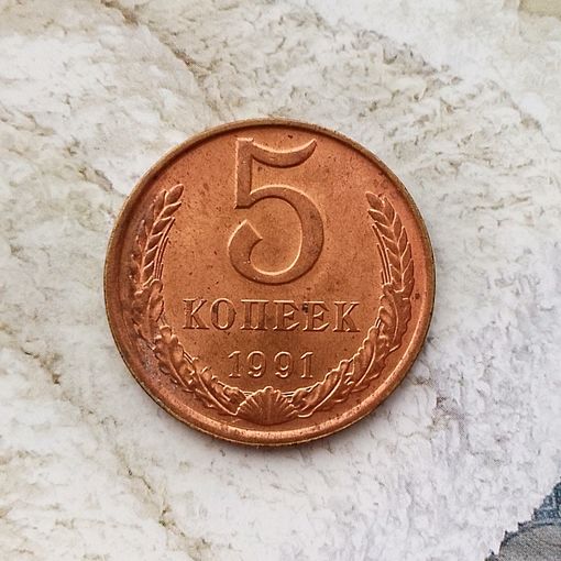 5 копеек 1991(Л, красная) года СССР. Шикарная монета! Без обращения!
