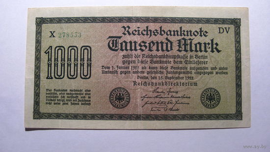 Германия Ro75а . 1000 марок. ( Номер - Небольшие зелёные цифры. Серия в левом верхнем углу - 1 буква)