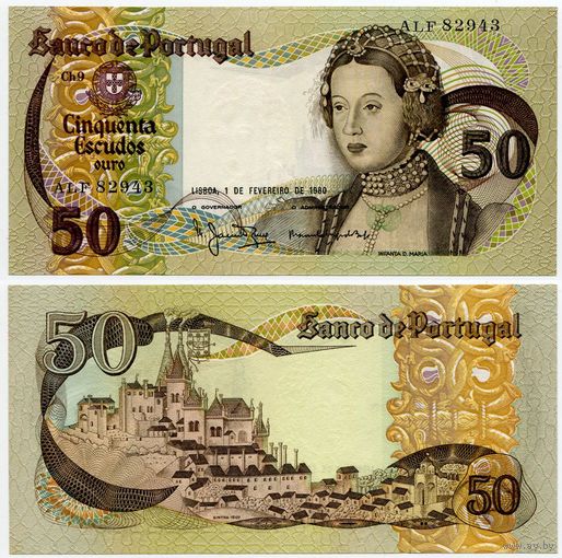 Португалия. 50 эскудо (образца 1980 года, P174b, подпись 4, aUNC)