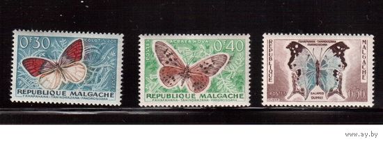 Мадагаскар-1960,(Мих.445-447)  **/*  , Фауна, Бабочки, 3 марки