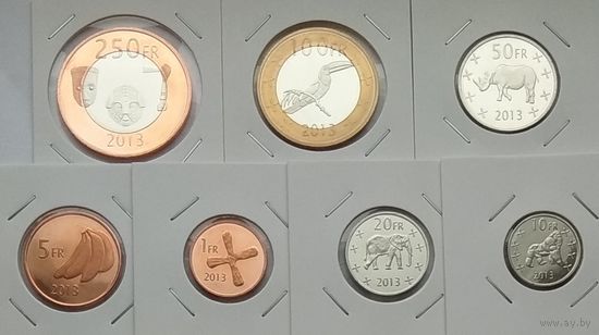 Катанга (Конго) 1, 5, 10, 20, 50, 100, 250 франков 2013 г. Набор 7 монет. Флора и фауна. В холдерах