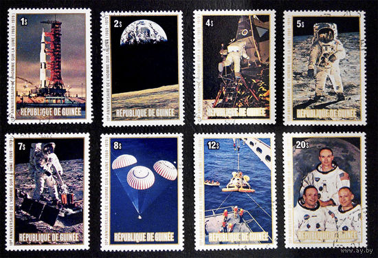 Гвинея 1979 г. Космос. 10-ти летие высадки на Луну, полная серия из 8 марок #0160-K1P15