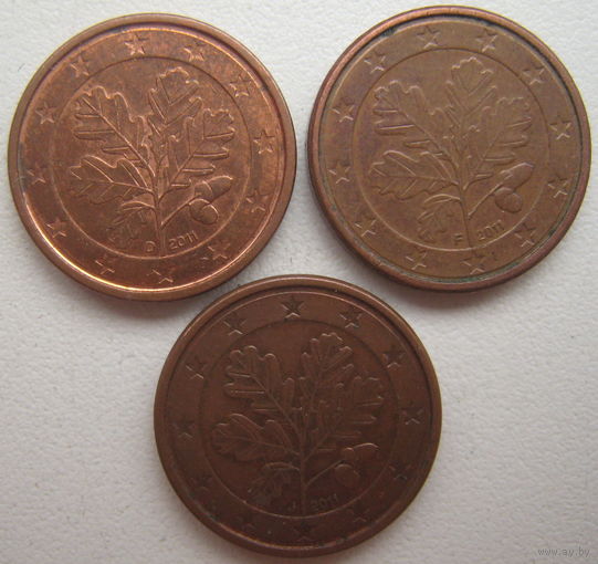 Германия 1 евроцент 2011 г. (A) (D) (F). Цена за 1 шт.
