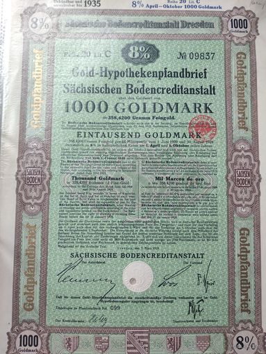 Германия, Дрезден 1929, Облигация, 1000 Голдмарок -8%, Водяные знаки, Тиснение. Размер - А4