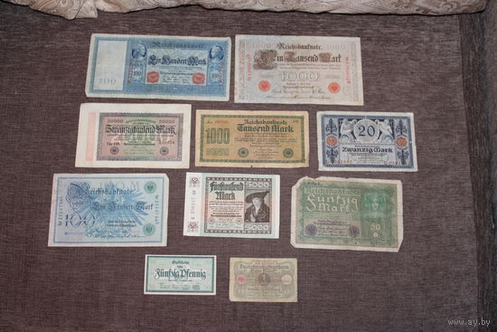 Банкноты Германии, 10 штук, состояние разное, разные года.