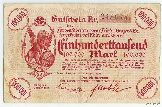 Германия, 100.000 марок 1923 год. - BAYER&Co -