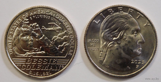 США 25 центов 2023 Бесси Коулман, лётчица "Женщины Америки" 6-я монета UNC Двор Р и D