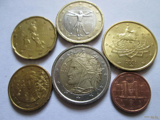 Набор евро монет Италия 2003 г. (1, 10, 20, 50 евроцентов, 1, 2 евро)